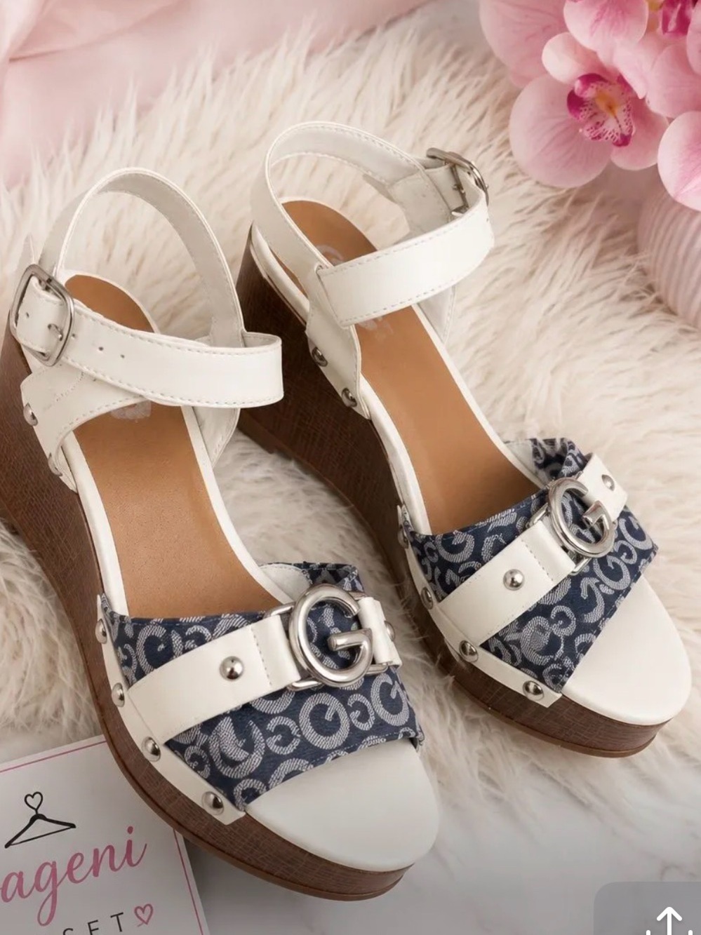 G by GUESS White & Denim Logo Platform Wedge Sandals